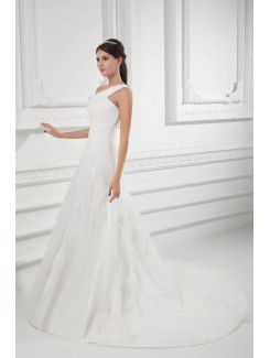 Organza One-Shoulder A-line Sweep Train Wedding Dress