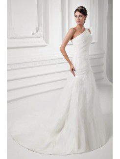 Organza One-Shoulder A-line Sweep Train Wedding Dress