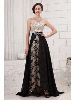 Satin and Chiffon Sweetheart Sweep Train A-line Evening Dress with Crystals