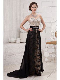 Satin and Chiffon Sweetheart Sweep Train A-line Evening Dress with Crystals