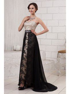 Satin and Chiffon Sweetheart Sweep Train A-line Evening Dress with Crystals