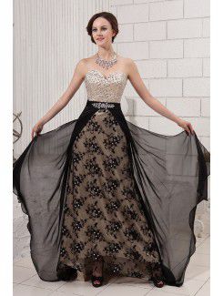 Satin and Chiffon Sweetheart Sweep Train A-line Evening Dress with Crystals