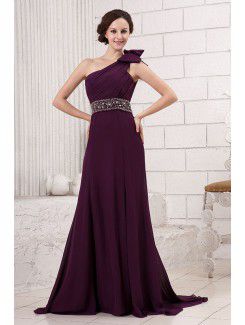 Chiffon One-Shoulder Sweep Train A-line Evening Dress with Bowknot