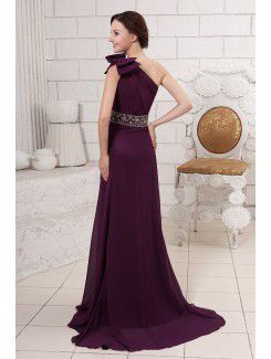 Chiffon One-Shoulder Sweep Train A-line Evening Dress with Bowknot