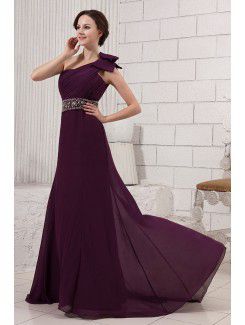 Chiffon One-Shoulder Sweep Train A-line Evening Dress with Bowknot