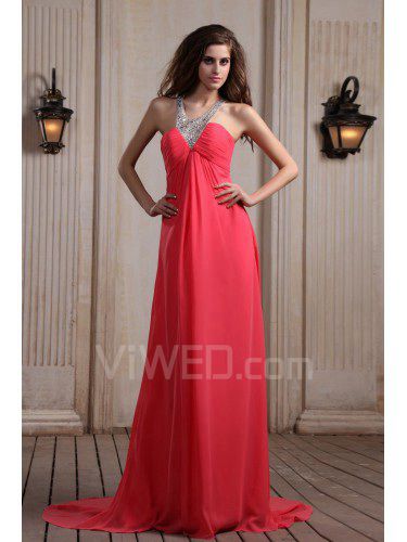 Chiffon-halter kapelle zug spalte abendkleid mit pailletten