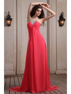 Chiffon Halter Chapel Train Column Evening Dress with Sequins