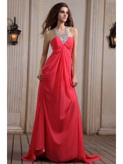 Chiffon Halter Chapel Train Column Evening Dress with Sequins