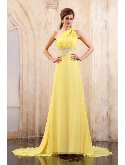 Chiffon One-Shoulder Chapel Train A-line Evening Dress with Sequins and Ruffle