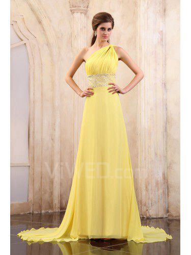 Chiffon One-Shoulder Chapel Train A-line Evening Dress with Sequins and Ruffle