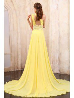 Chiffon One-Shoulder Chapel Train A-line Evening Dress with Sequins and Ruffle