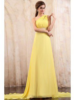 Chiffon One-Shoulder Chapel Train A-line Evening Dress with Sequins and Ruffle