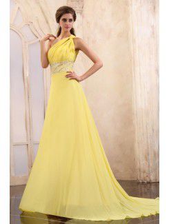 Chiffon One-Shoulder Chapel Train A-line Evening Dress with Sequins and Ruffle