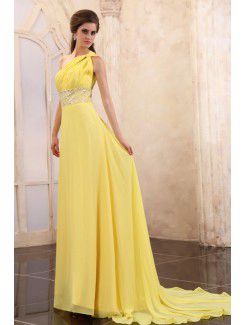 Chiffon One-Shoulder Chapel Train A-line Evening Dress with Sequins and Ruffle