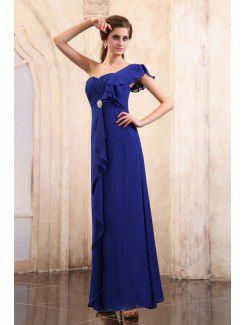 Chiffon One-Shoulder Floor Length Column Evening Dress with Ruffle