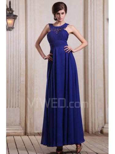 Chiffon Jewel Floor Length Column Evening Dress with Beading and Ruffle