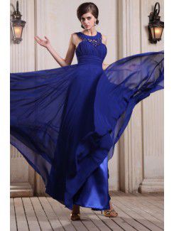 Chiffon Jewel Floor Length Column Evening Dress with Beading and Ruffle