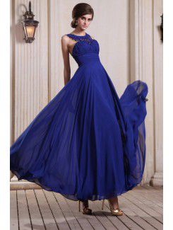 Chiffon Jewel Floor Length Column Evening Dress with Beading and Ruffle