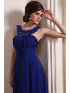 Chiffon Jewel Floor Length Column Evening Dress with Beading and Ruffle