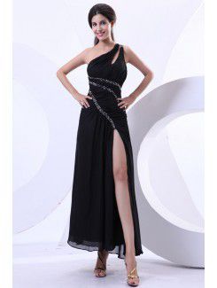 Chiffon One-Shoulder Ankle-Length A-line Evening Dress with Sequins and Ruffle