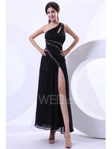 Chiffon One-Shoulder Ankle-Length A-line Evening Dress with Sequins and Ruffle