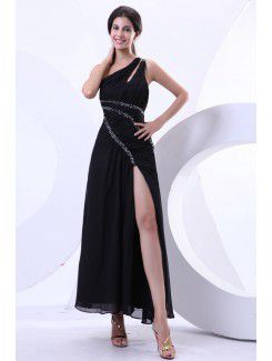 Chiffon One-Shoulder Ankle-Length A-line Evening Dress with Sequins and Ruffle