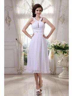 Chiffon Halter Knee-Length Column Evening Dress with Beading and Ruffle