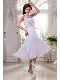 Chiffon Halter Knee-Length Column Evening Dress with Beading and Ruffle