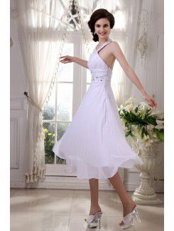 Chiffon Halter Knee-Length Column Evening Dress with Beading and Ruffle