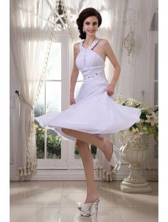 Chiffon Halter Knee-Length Column Evening Dress with Beading and Ruffle