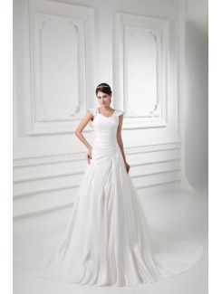 Satin Straps A-line Sweep Train Cap Sleeves Wedding Dress