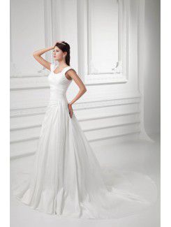 Satin Straps A-line Sweep Train Cap Sleeves Wedding Dress