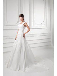 Satin Straps A-line Sweep Train Cap Sleeves Wedding Dress