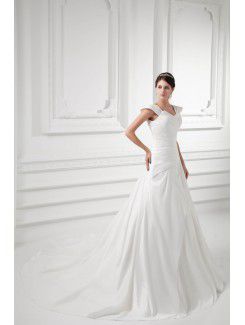 Satin Straps A-line Sweep Train Cap Sleeves Wedding Dress