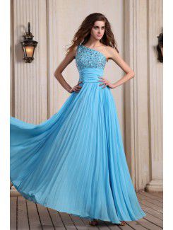 Chiffon One-Shoulder Floor Length Column Evening Dress with Sequins and Ruffle