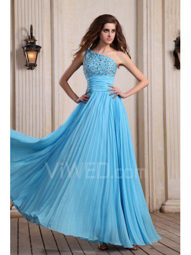 Chiffon One-Shoulder Floor Length Column Evening Dress with Sequins and Ruffle