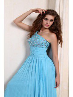 Chiffon One-Shoulder Floor Length Column Evening Dress with Sequins and Ruffle