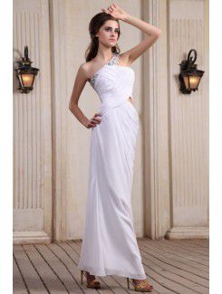 Chiffon One-Shoulder Ankle-Length Column Evening Dress with Sequins and Ruffle