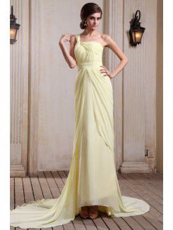 Chiffon One-Shoulder Chapel Train Column Evening Dress with Ruffle