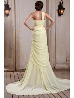 Chiffon One-Shoulder Chapel Train Column Evening Dress with Ruffle