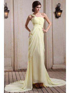 Chiffon One-Shoulder Chapel Train Column Evening Dress with Ruffle