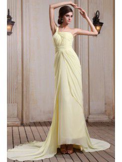 Chiffon One-Shoulder Chapel Train Column Evening Dress with Ruffle