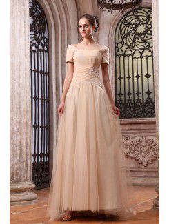 Chiffon Bateau Floor Length A-line Evening Dress with Embroidered and Short Sleeve