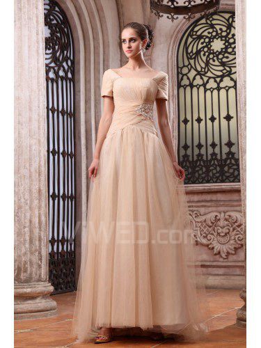 Chiffon Bateau Floor Length A-line Evening Dress with Embroidered and Short Sleeve