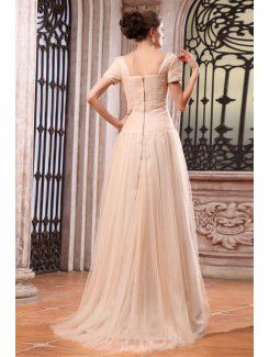 Chiffon Bateau Floor Length A-line Evening Dress with Embroidered and Short Sleeve