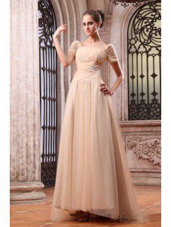 Chiffon Bateau Floor Length A-line Evening Dress with Embroidered and Short Sleeve