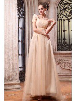 Chiffon Bateau Floor Length A-line Evening Dress with Embroidered and Short Sleeve