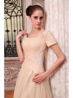 Chiffon Bateau Floor Length A-line Evening Dress with Embroidered and Short Sleeve