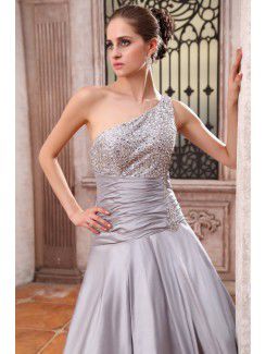 Charmeuse One-Shoulder Ankle-Length A-line Evening Dress with Sequins and Ruffle