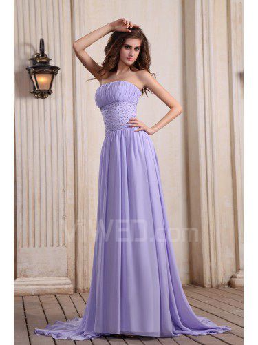 Chiffon strapless varrer trem de uma linha de vestido de noite com lantejoulas e babados